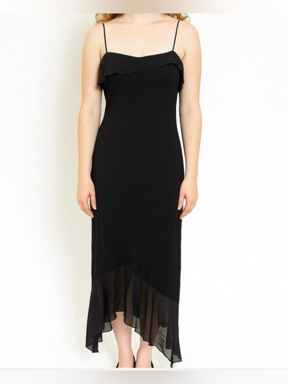 VTG Byer Too! Black Ruffle Slip Dress Midi High-Low Sheer Hem Size L Made in USA